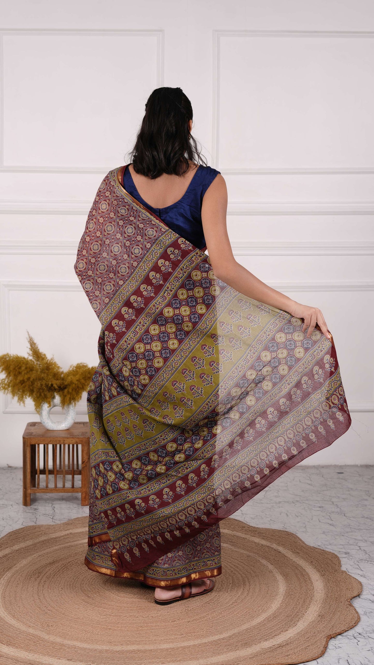 Maroon color Ajrakh Saree, 100% Cotton