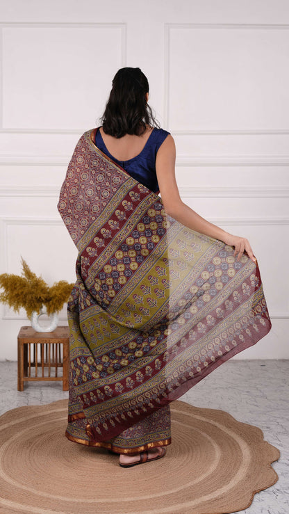 Maroon color Ajrakh Saree, 100% Cotton