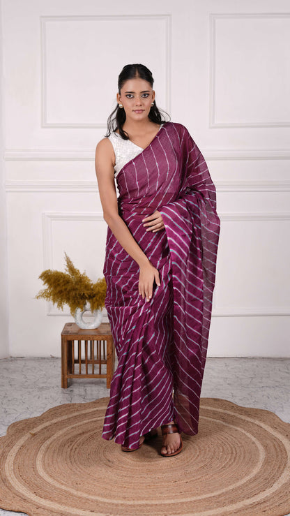 Pure Viscose Chiffon Lehariya Saree, Color-Purple w/Green