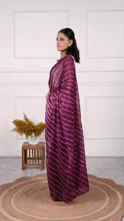 Pure Viscose Chiffon Lehariya Saree, Color-Purple w/Green