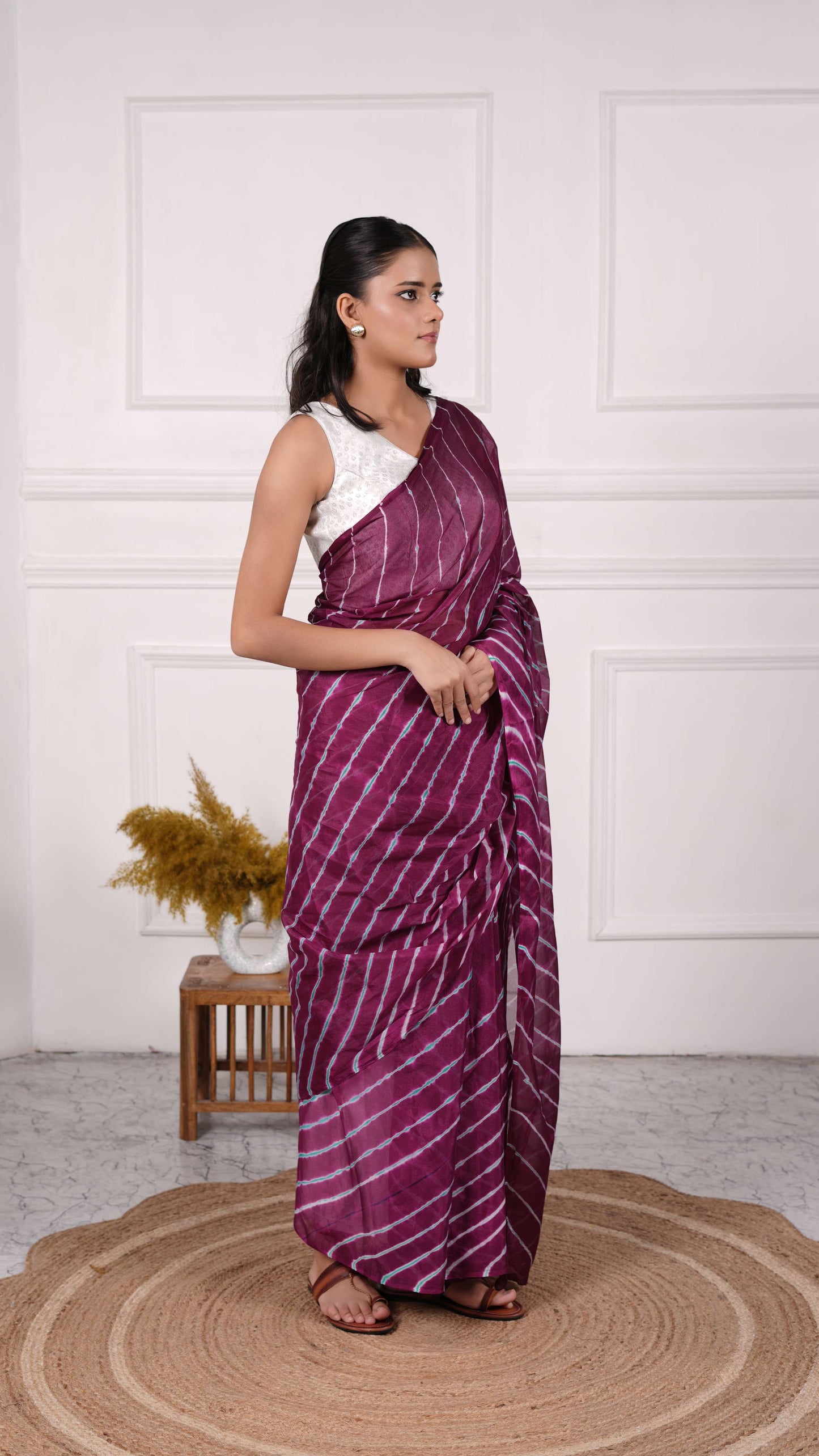 Pure Viscose Chiffon Lehariya Saree, Color-Purple w/Green