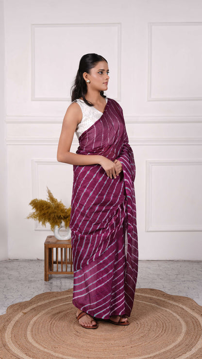 Pure Viscose Chiffon Lehariya Saree, Color-Purple w/Green