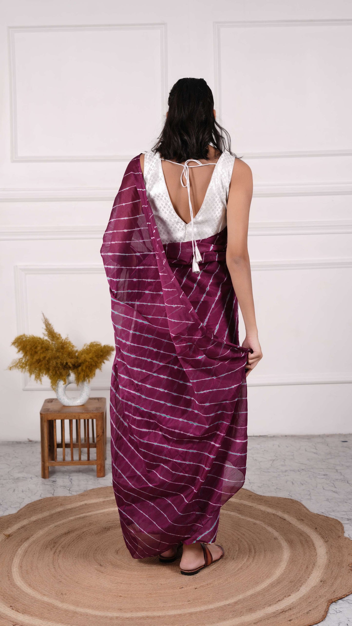 Pure Viscose Chiffon Lehariya Saree, Color-Purple w/Green