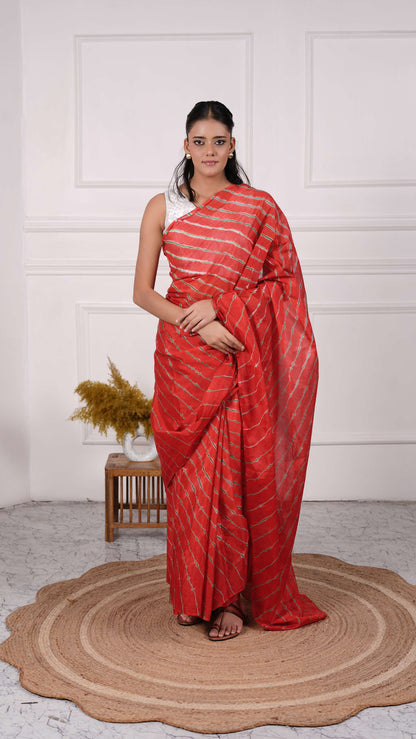 Pure Viscose Chiffon Lehariya Saree, Color-Red w/Green