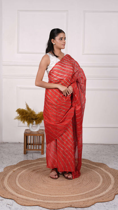 Pure Viscose Chiffon Lehariya Saree, Color-Red w/Green