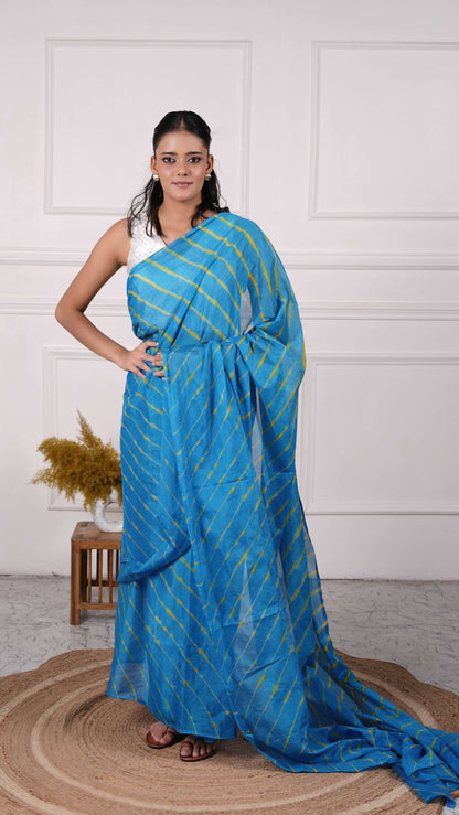 Pure Viscose Chiffon Lehariya Saree, Color-Turquoise w/Yellow