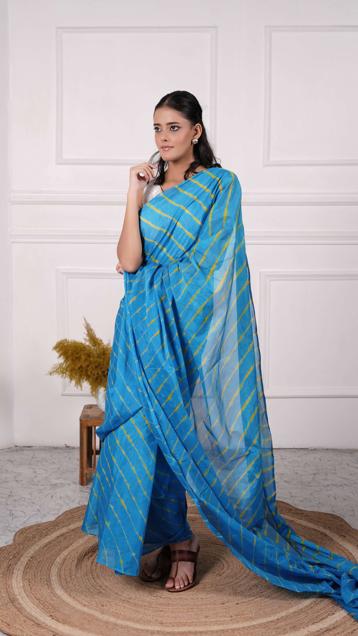 Pure Viscose Chiffon Lehariya Saree, Color-Turquoise w/Yellow