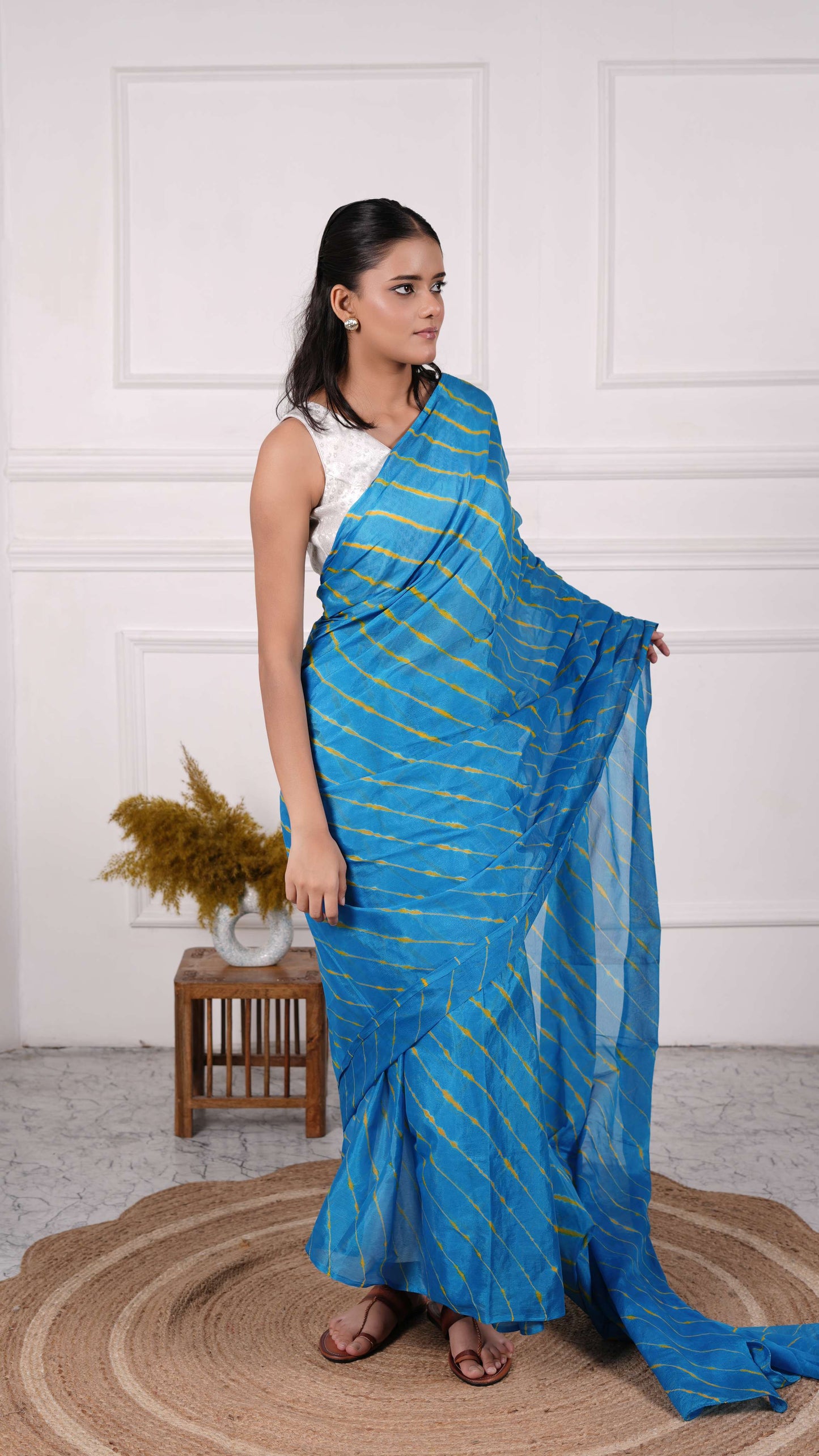 Pure Viscose Chiffon Lehariya Saree, Color-Turquoise w/Yellow
