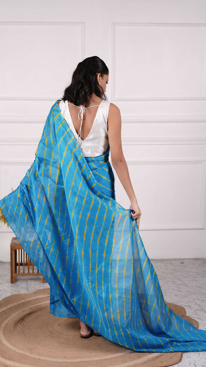 Pure Viscose Chiffon Lehariya Saree, Color-Turquoise w/Yellow