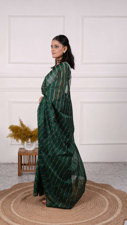 Pure Viscose Chiffon Lehariya Saree, Color-Olive Green w/Red