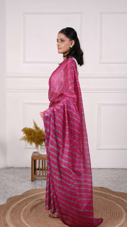 Pure Viscose Chiffon Lehariya Saree, Color-Magenta w/Green