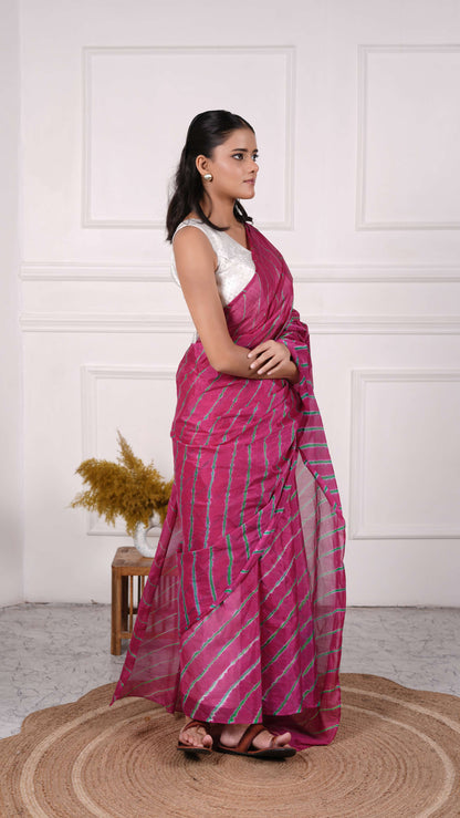Pure Viscose Chiffon Lehariya Saree, Color-Magenta w/Green