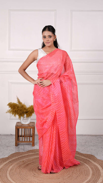 Pure Chinon fabric Lehariya Saree, Mothra Design, Double Lehariya, Color-Coral Red
