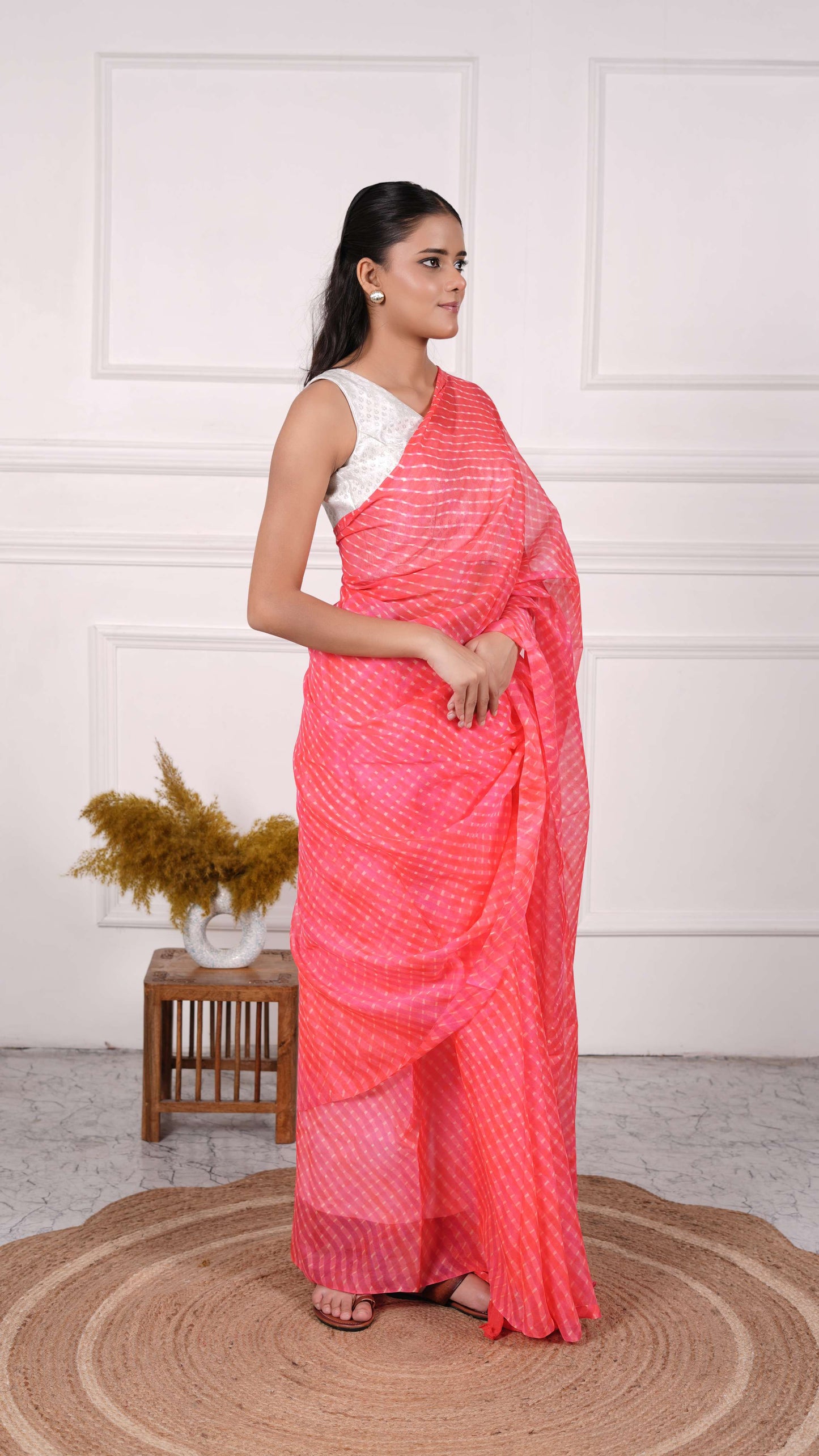 Pure Chinon fabric Lehariya Saree, Mothra Design, Double Lehariya, Color-Coral Red