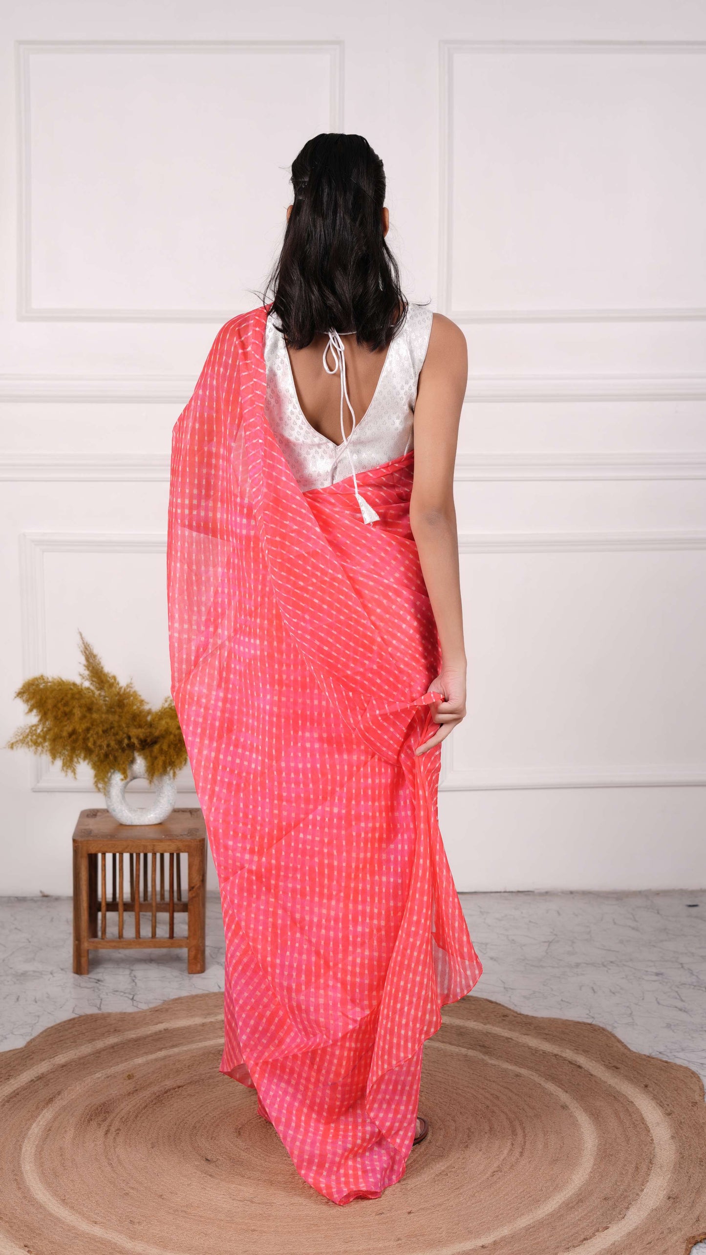 Pure Chinon fabric Lehariya Saree, Mothra Design, Double Lehariya, Color-Coral Red