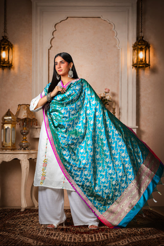 Neelkamal – 100% Pure Silk Banarasi Dupatta in Turquoise