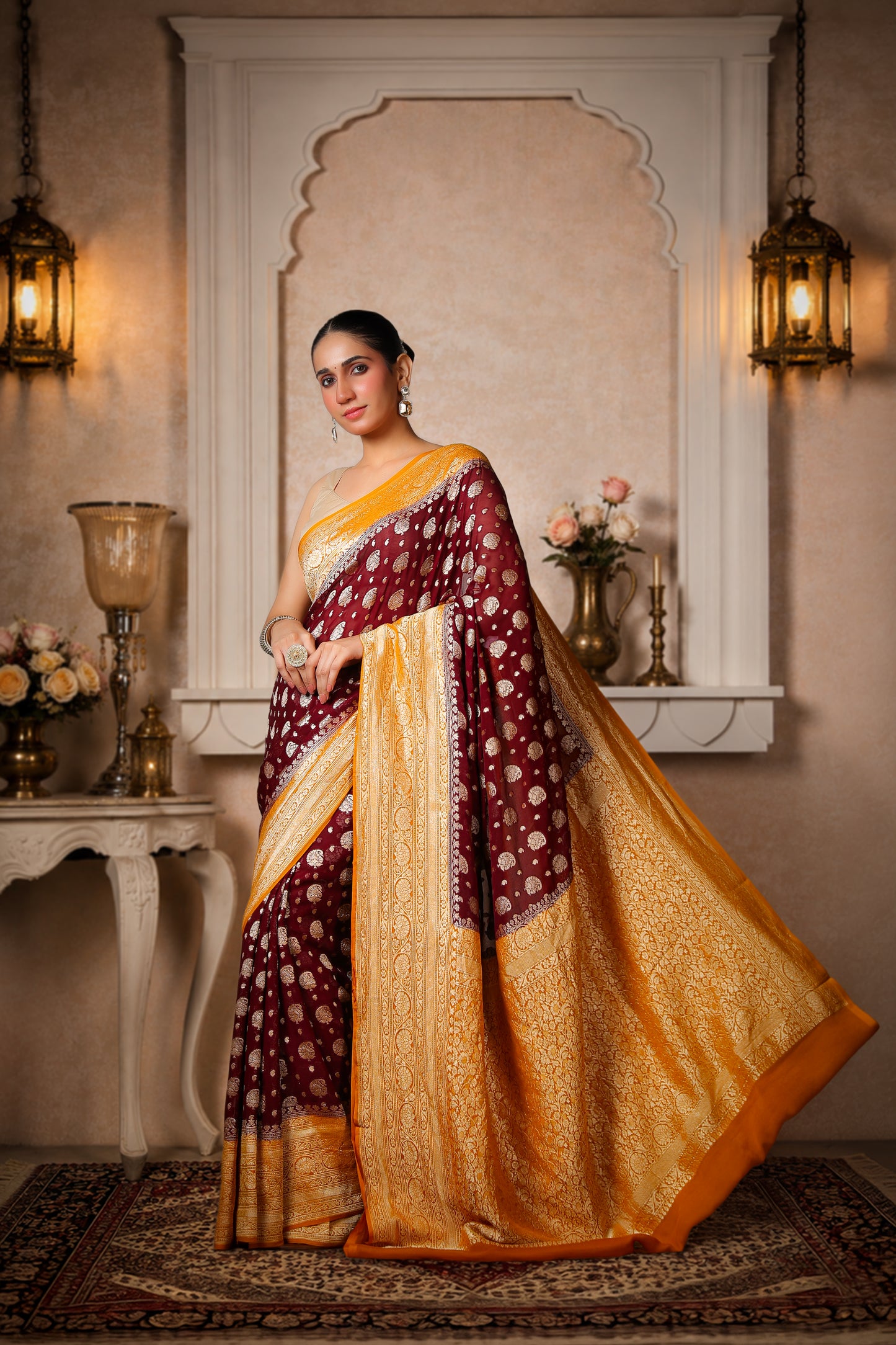 Khaddi Silk Georgette Golden Zari Banarasi Saree – Coffee & Mustard Border