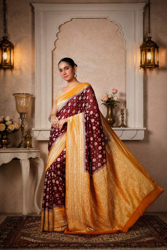 Khaddi Silk Georgette Golden Zari Banarasi Saree – Coffee & Mustard Border