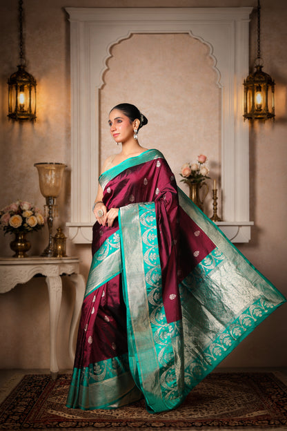 100% Pure Silk Banarasi Saree – Coffee with Teal Green Border
