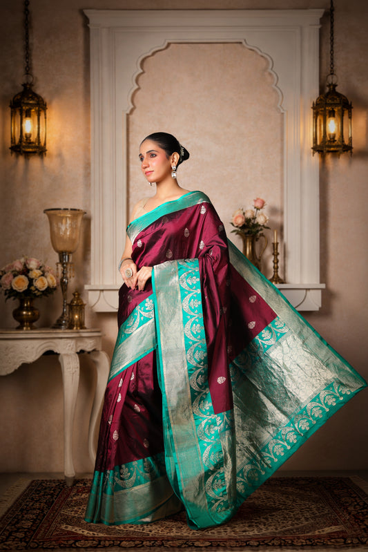 100% Pure Silk Banarasi Saree – Coffee with Teal Green Border