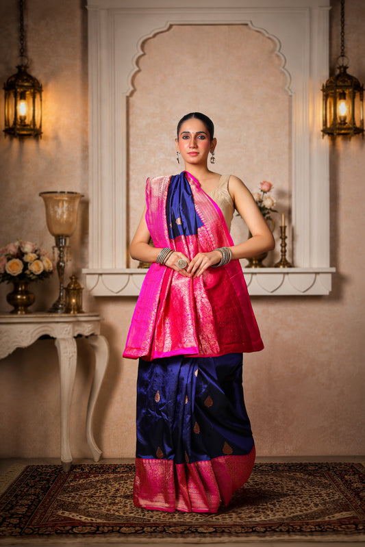 100% Pure Silk Banarasi Saree – Navy Blue with Magenta Border