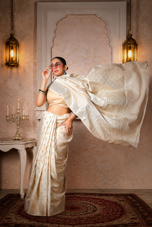 100% Pure Silk Moonga Minakari Banarasi Saree – Beige