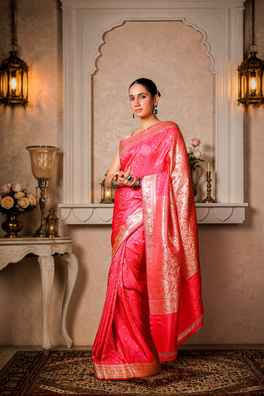 Pure Silk Banarasi Saree – Royal Pink with Golden Border & Booti