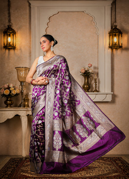 Pure Silk Banarasi Saree – Violet with Gold & Silver Booti
