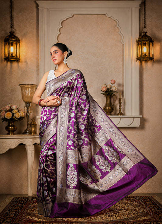 Pure Silk Banarasi Saree – Violet with Gold & Silver Booti