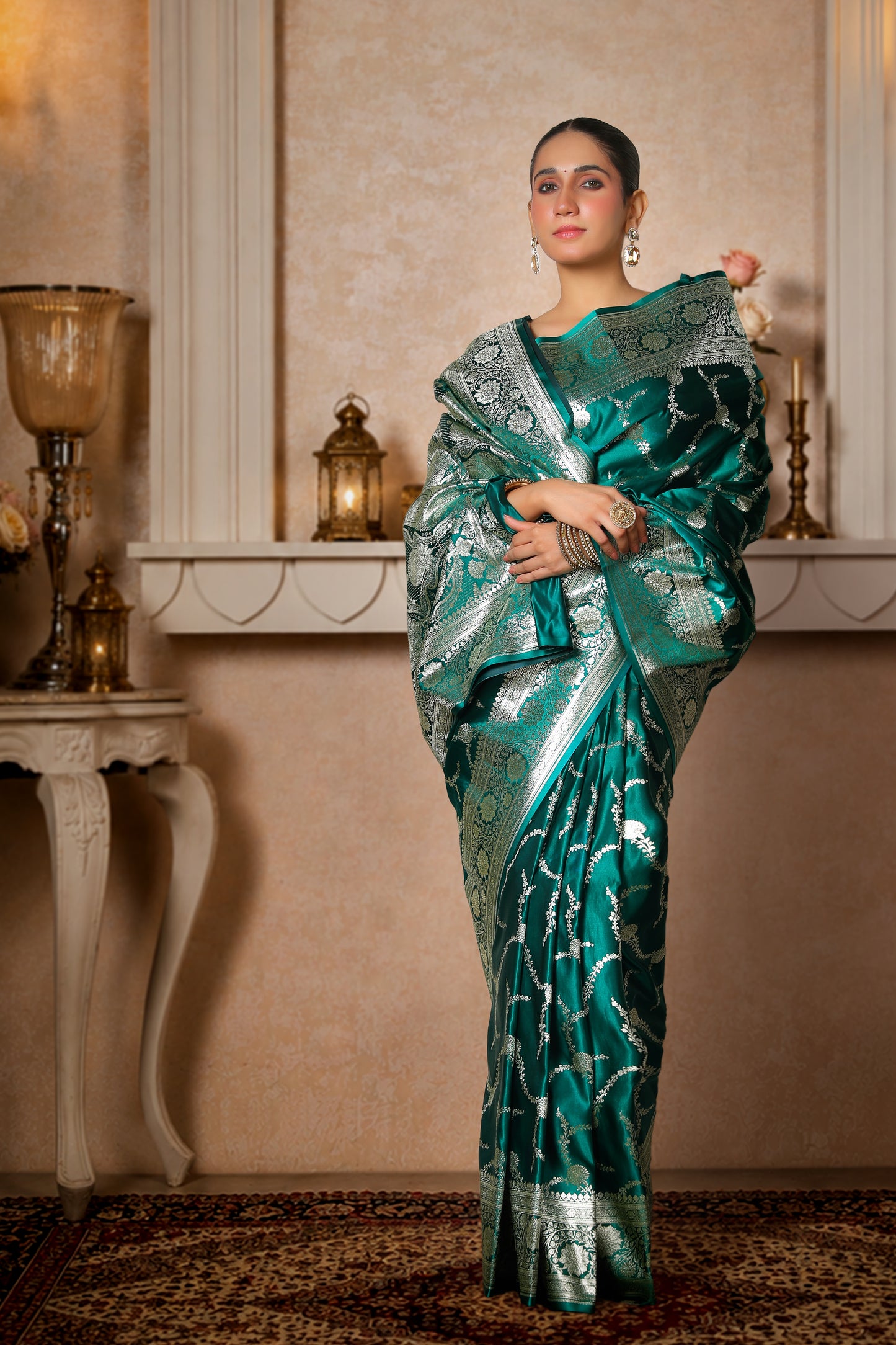 Pure Satin Silk Banarasi Saree – Royal Green Silver Bel Border