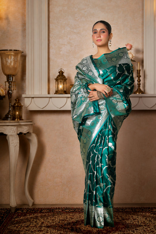 Pure Satin Silk Banarasi Saree – Royal Green Silver Bel Border