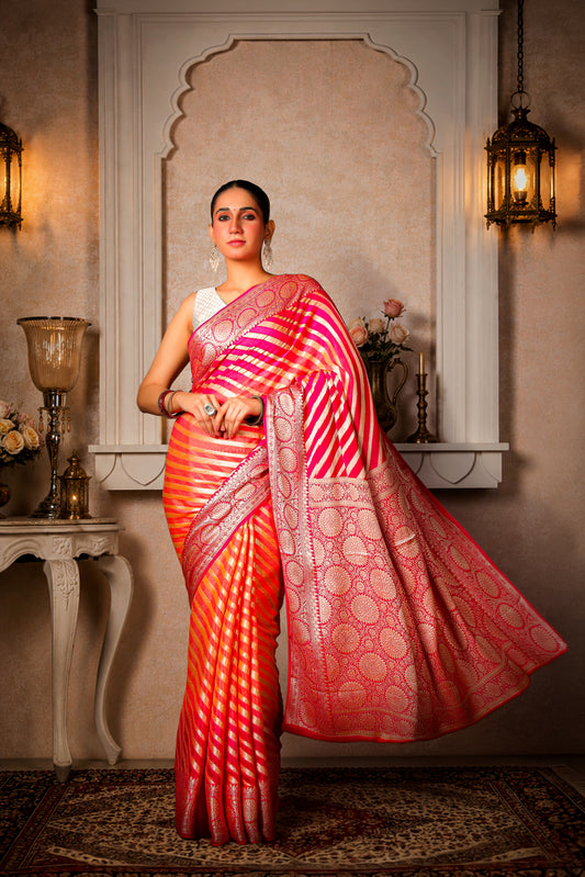 Khaddi Silk Georgette Lehariya Banarasi Saree – Peach & Pink