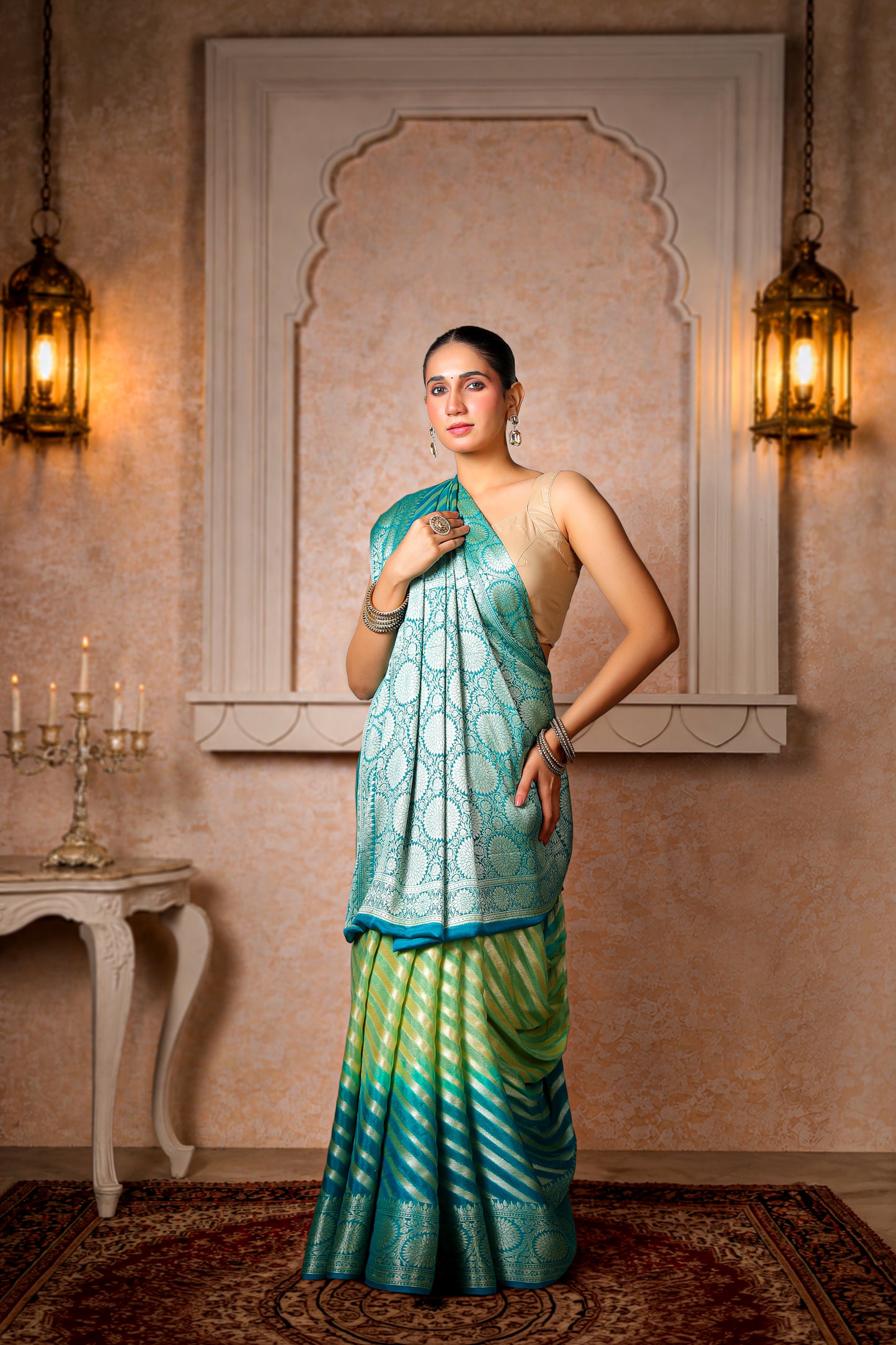 Khaddi Silk Georgette Lehariya Banarasi Saree – Sea Green & Turquoise