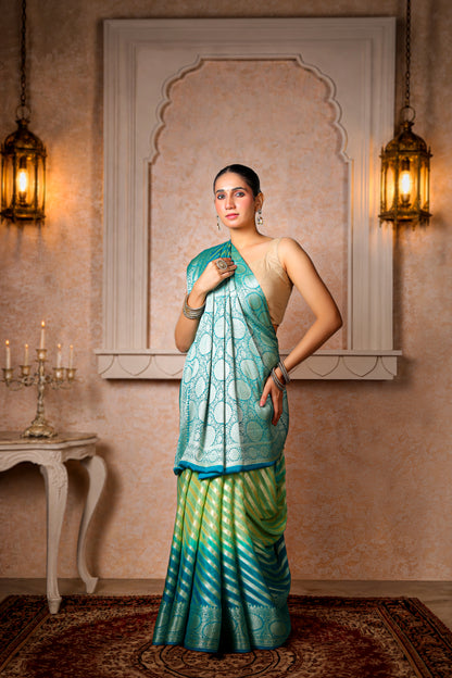 Khaddi Silk Georgette Lehariya Banarasi Saree – Sea Green & Turquoise