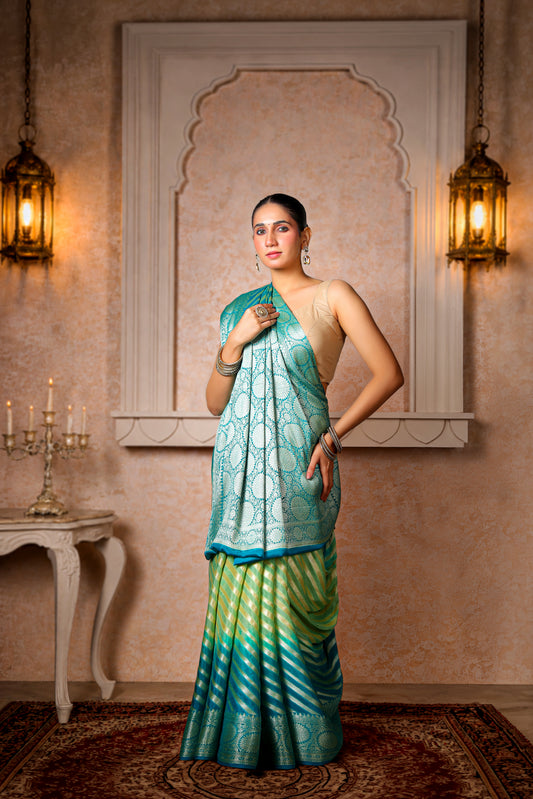 Khaddi Silk Georgette Lehariya Banarasi Saree – Sea Green & Turquoise