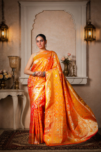 Pure Silk King Khaab Banarasi Saree – Orange Yellow with Gold Border