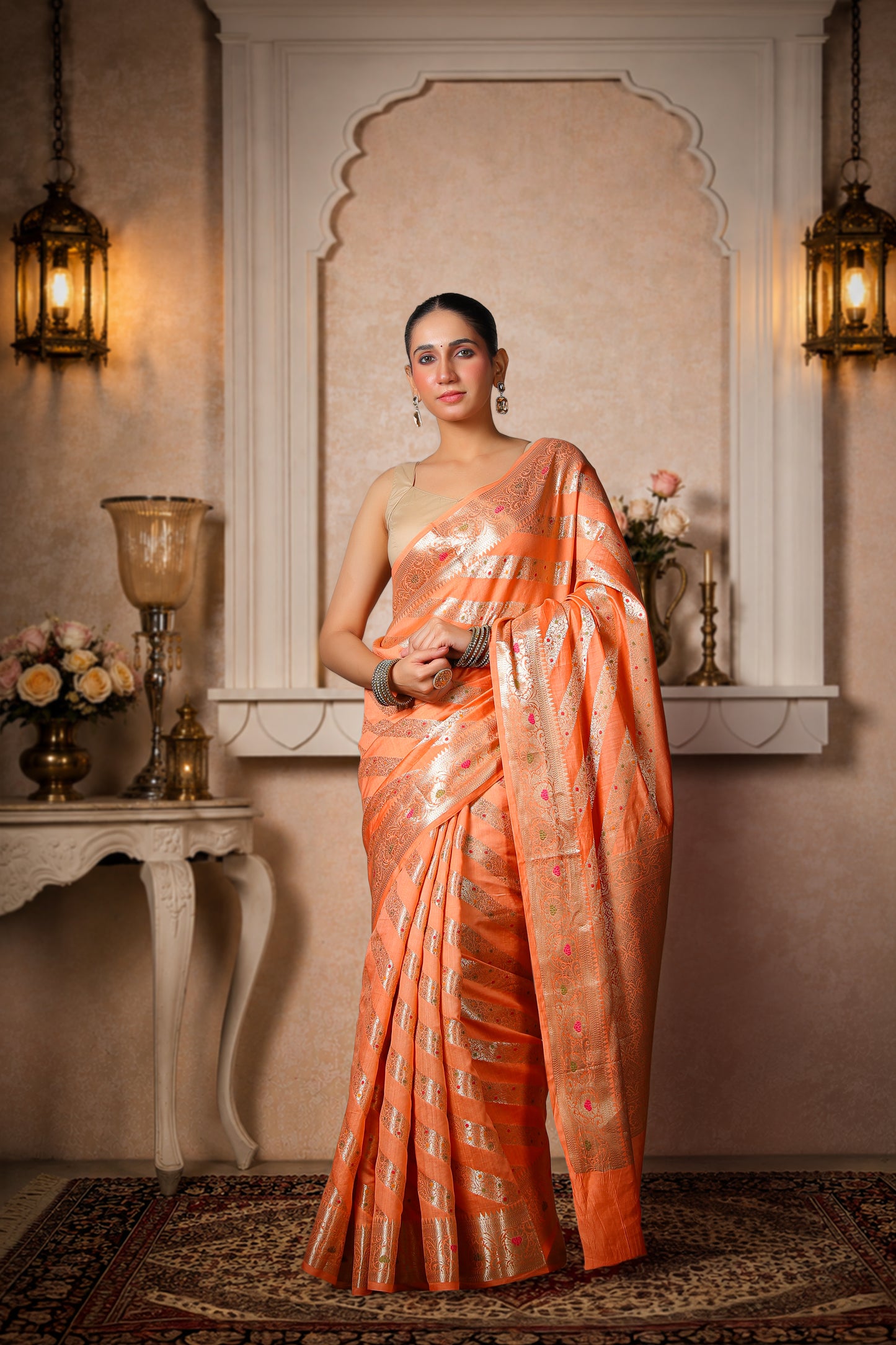 Pure Dupion Silk Banarasi Saree – Peach Gold Border & Stripes