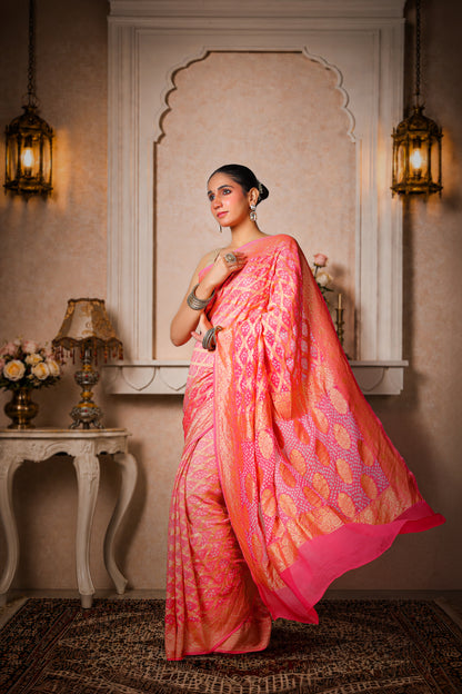 Pure Khaddi Georgette Rai Bandhani Saree – Royal Pink Ombre