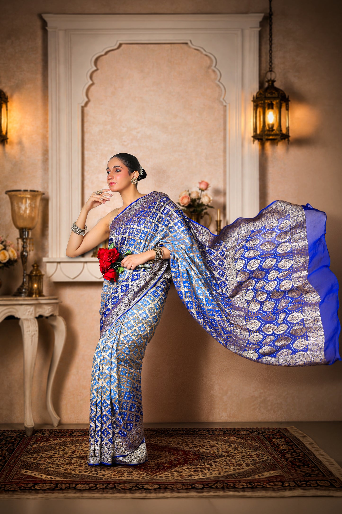 Pure Khaddi Georgette Rai Bandhani Saree – Royal Blue Ombre