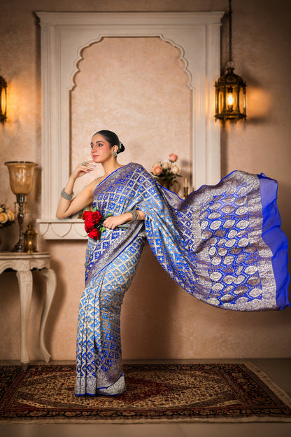 Pure Khaddi Georgette Rai Bandhani Saree – Royal Blue Ombre