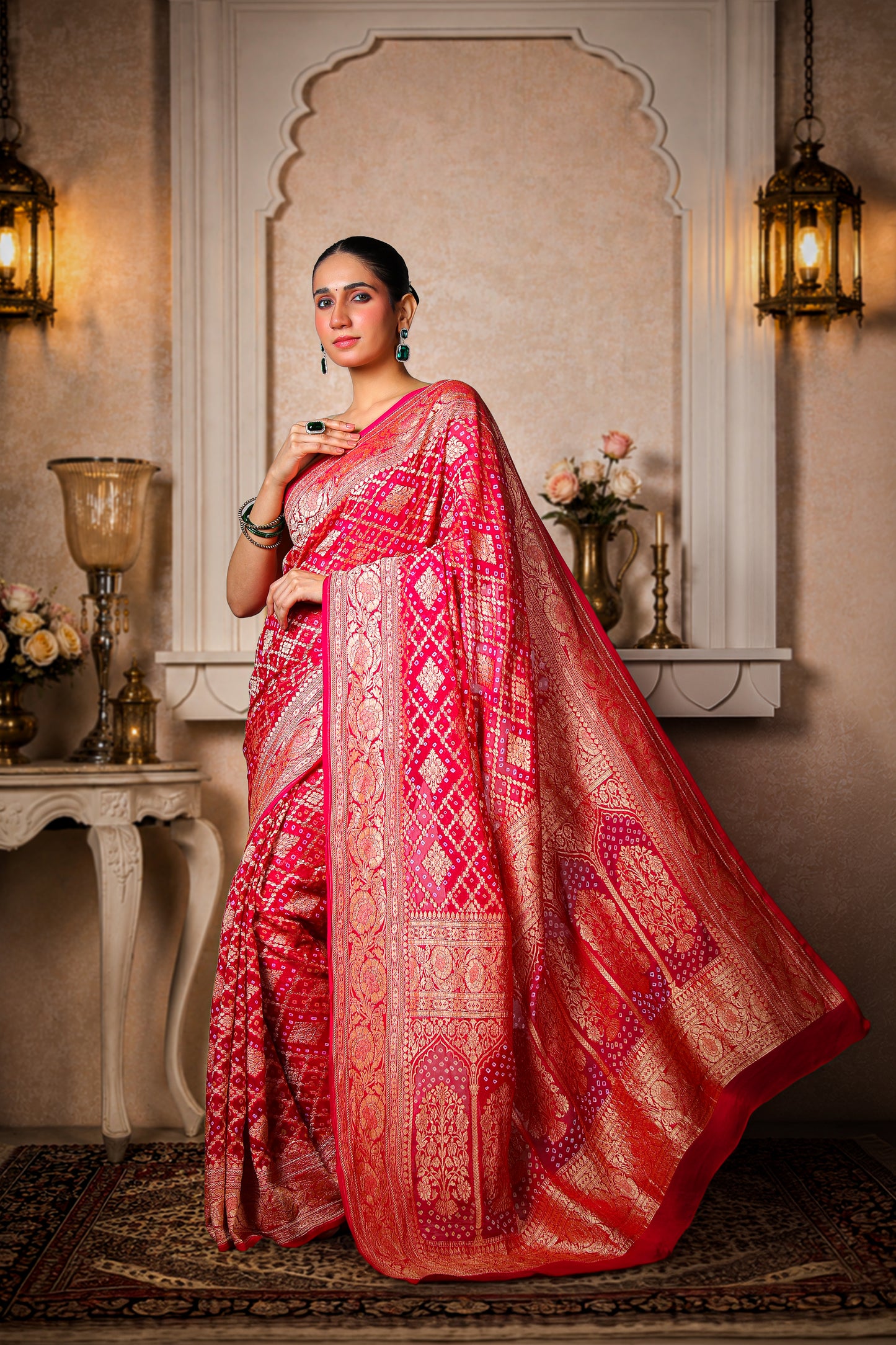 Pure Khaddi Georgette Rai Bandhani Saree – Magenta Ombre
