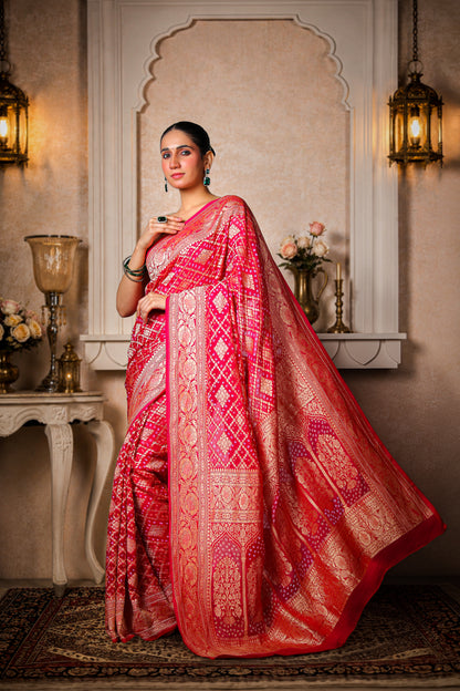Pure Khaddi Georgette Rai Bandhani Saree – Magenta Ombre