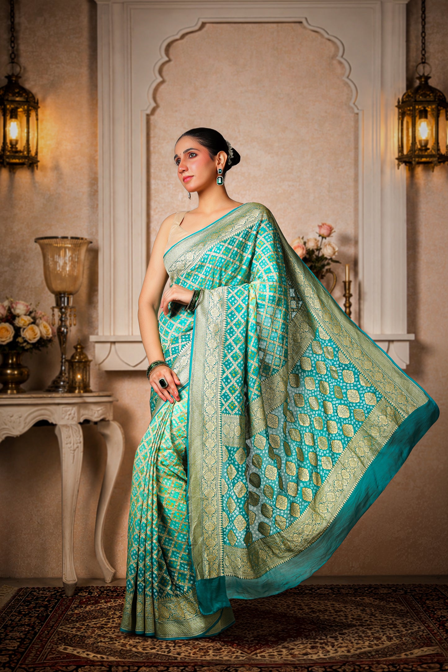 Pure Khaddi Georgette Rai Bandhani Saree – Sea Green Ombre