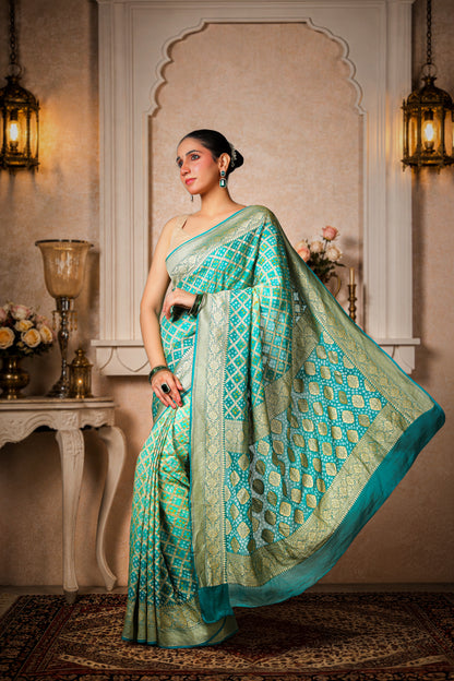 Pure Khaddi Georgette Rai Bandhani Saree – Sea Green Ombre