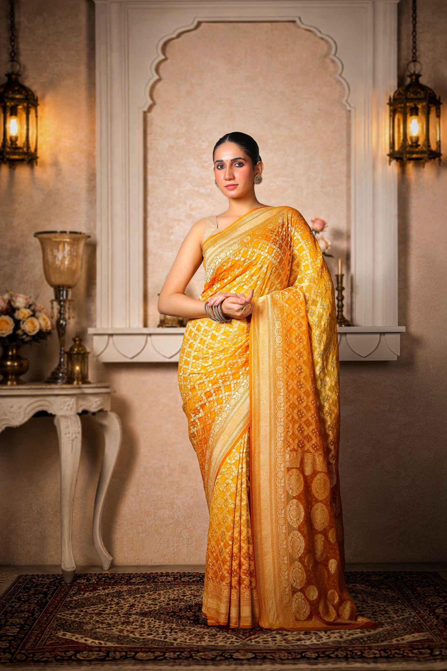 Pure Khaddi Georgette Rai Bandhani Saree – Golden Yellow Ombre