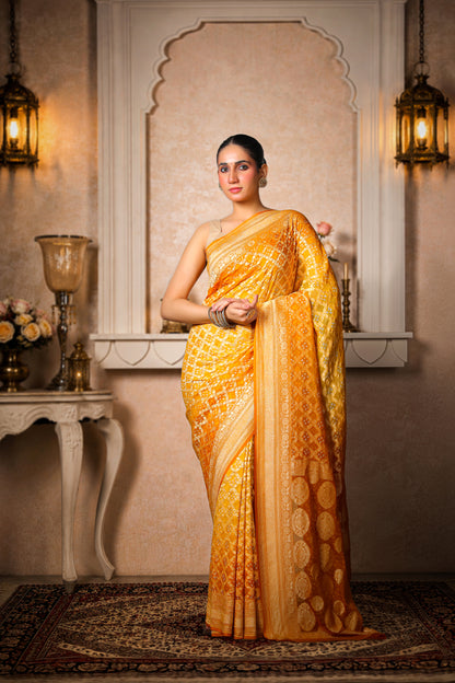 Pure Khaddi Georgette Rai Bandhani Saree – Golden Yellow Ombre