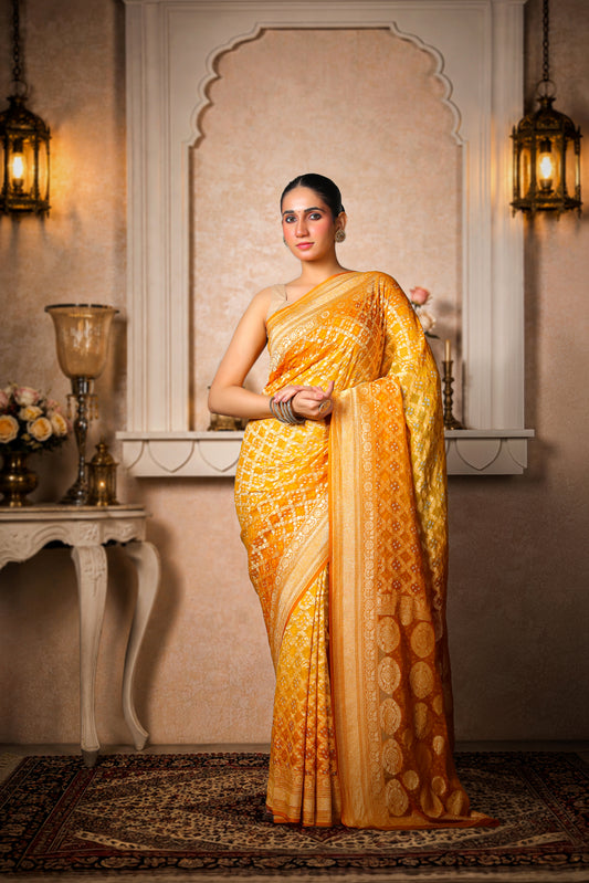 Pure Khaddi Georgette Rai Bandhani Saree – Golden Yellow Ombre